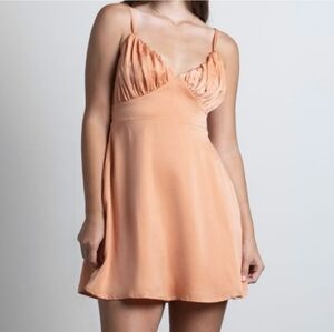 ENDLESS BLU Satin Ruched Mini Skater Dress in Apricot Orange Size Medium